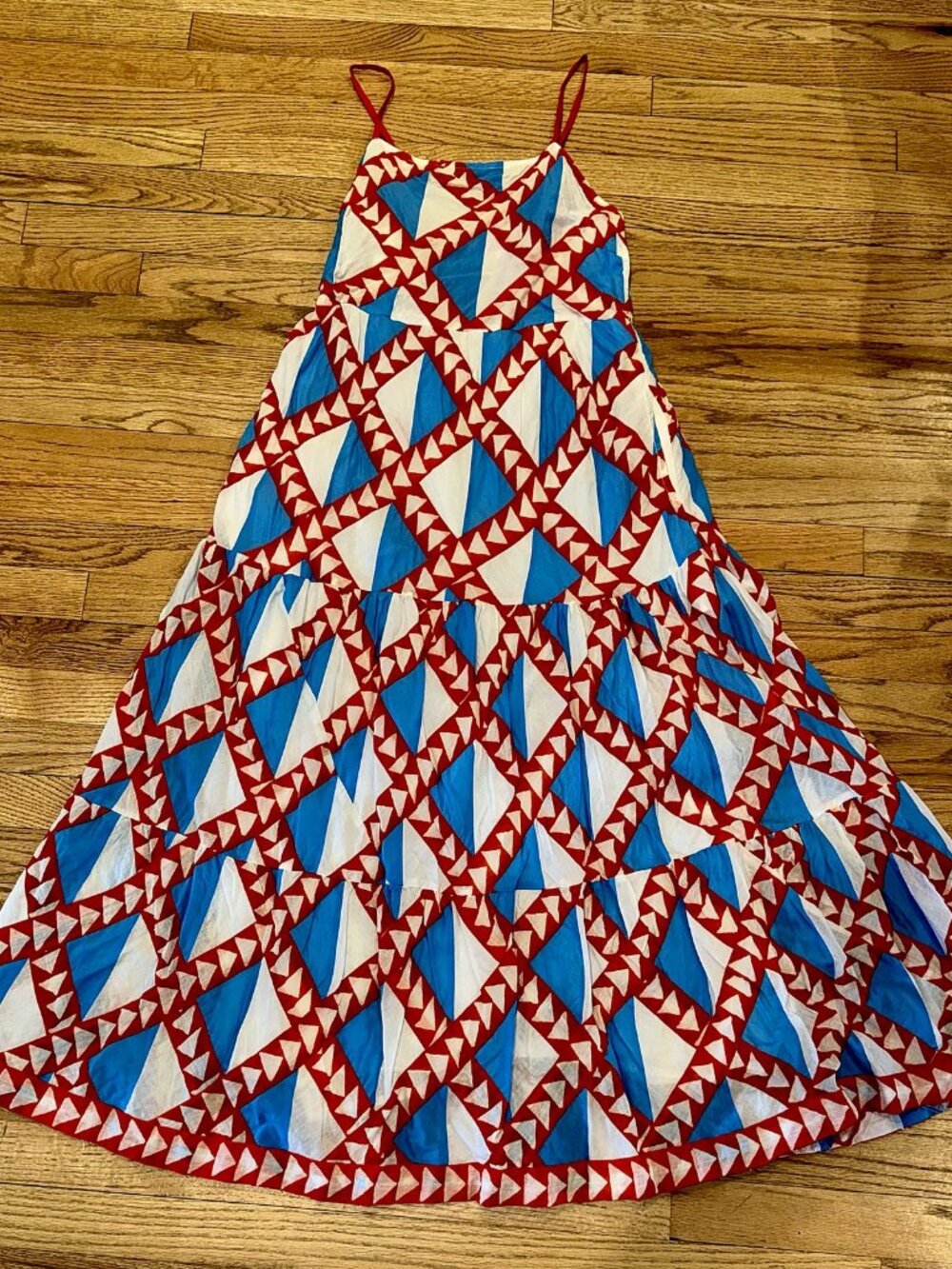 Banjanan Red Blue White Geometric Tiered Cotton Maxi Dress M